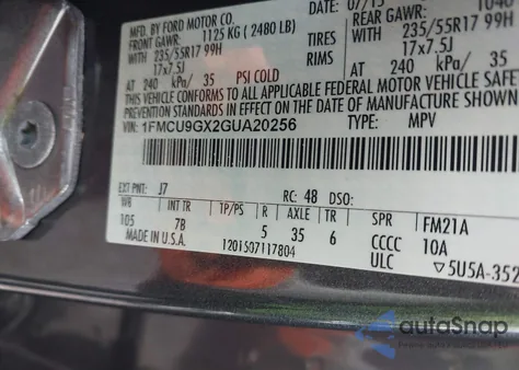 2016 Ford Escape Se из США, поврежденный, VIN 1FMCU9GX2GUA20256